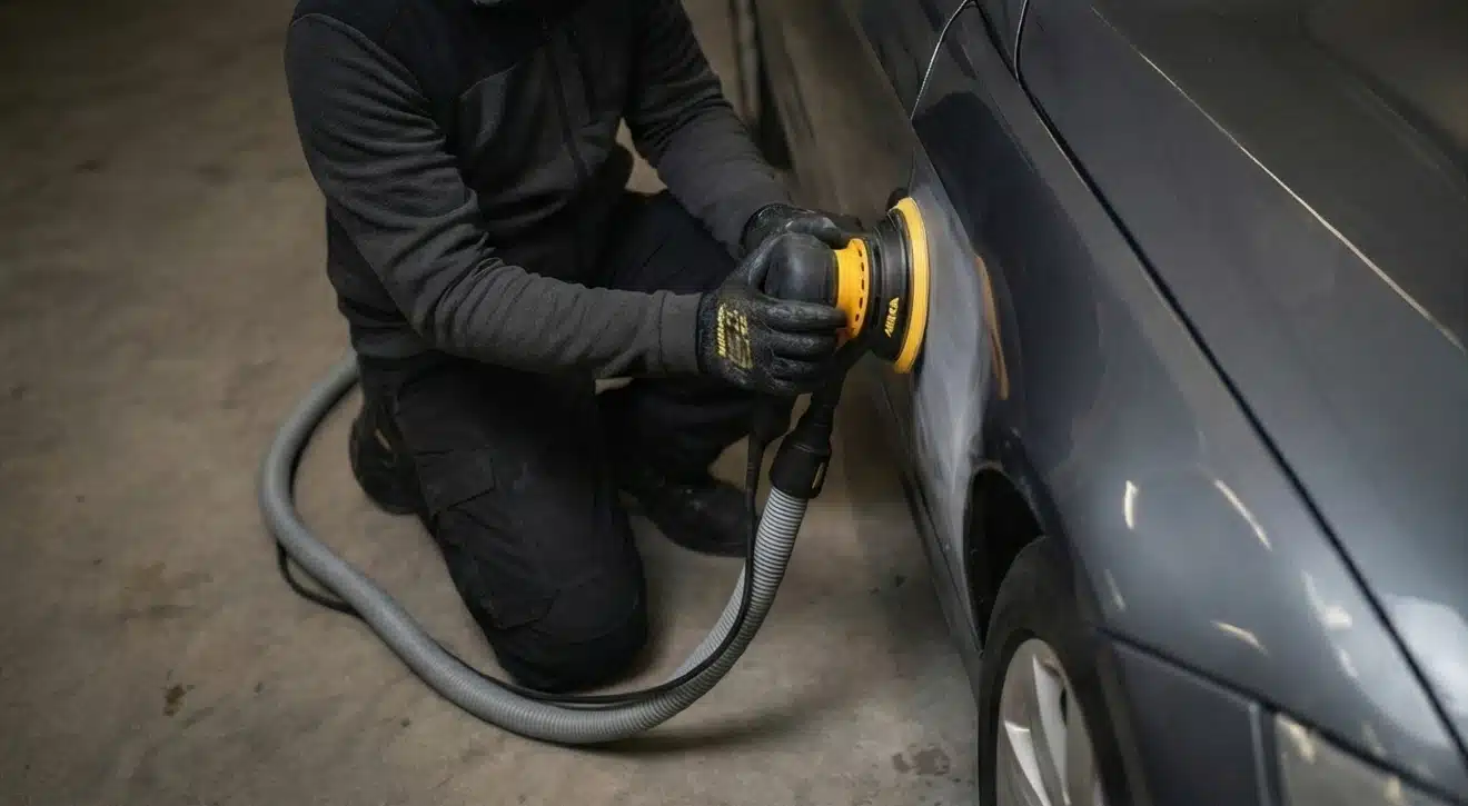Autolak schuren met schuurmachine